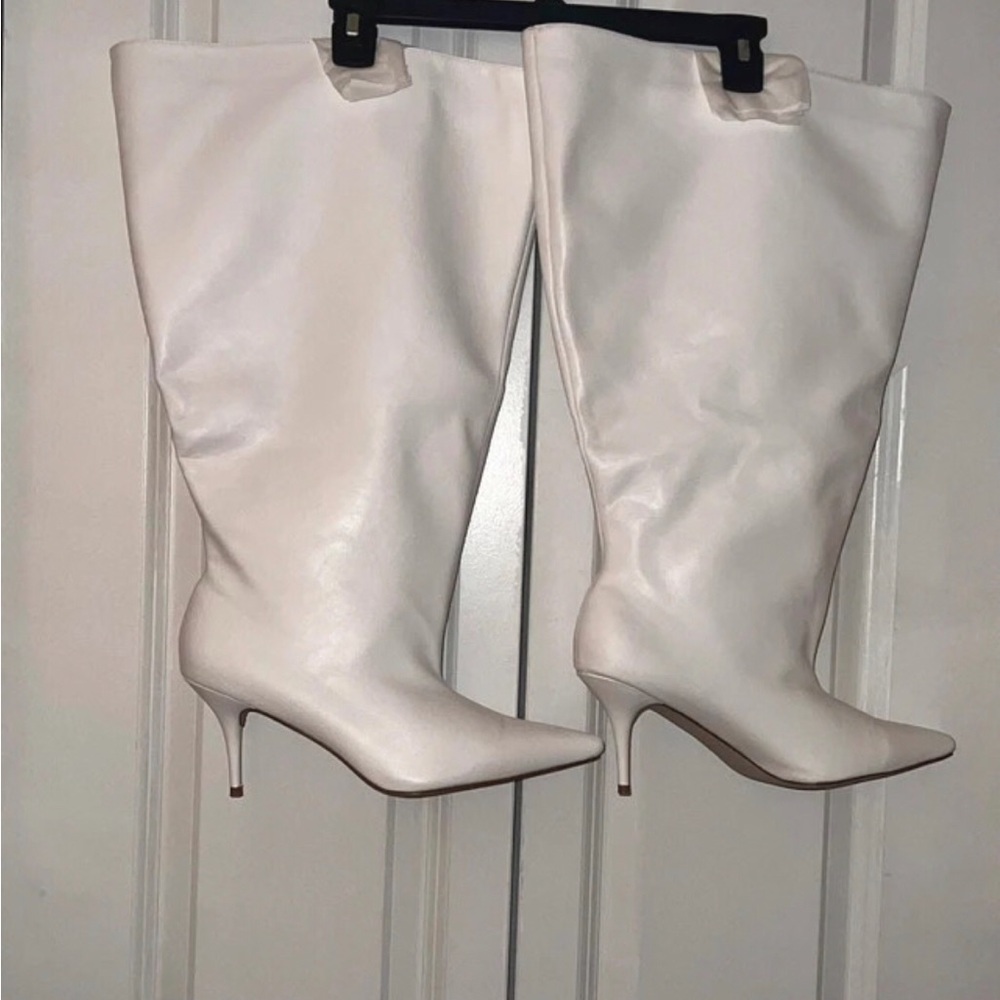 White Pointed-Toe Mid-Calf Stiletto Boots